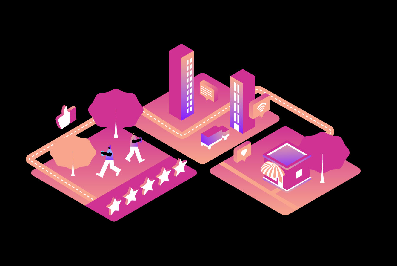 Illustration of three different squares with smartphone users in a park a business building and a small business