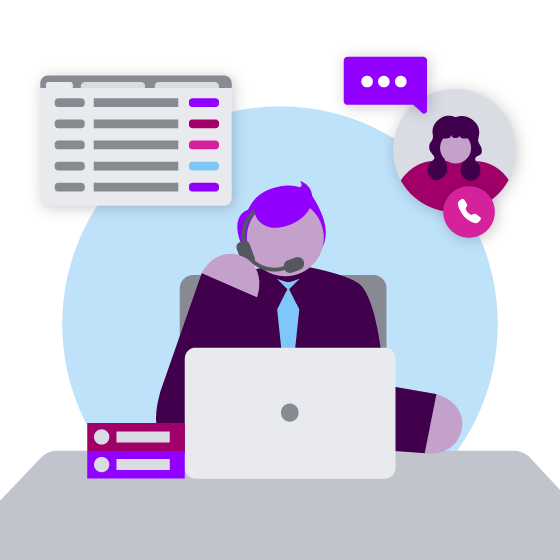 Illustration of a contact center agent conducting a conversation with a customers, who is seen in a bubble above the agent.