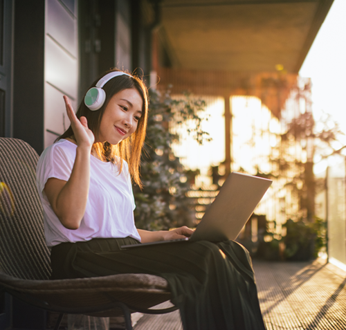 Remote Woman Video conferencing Woman on porch video conferencing