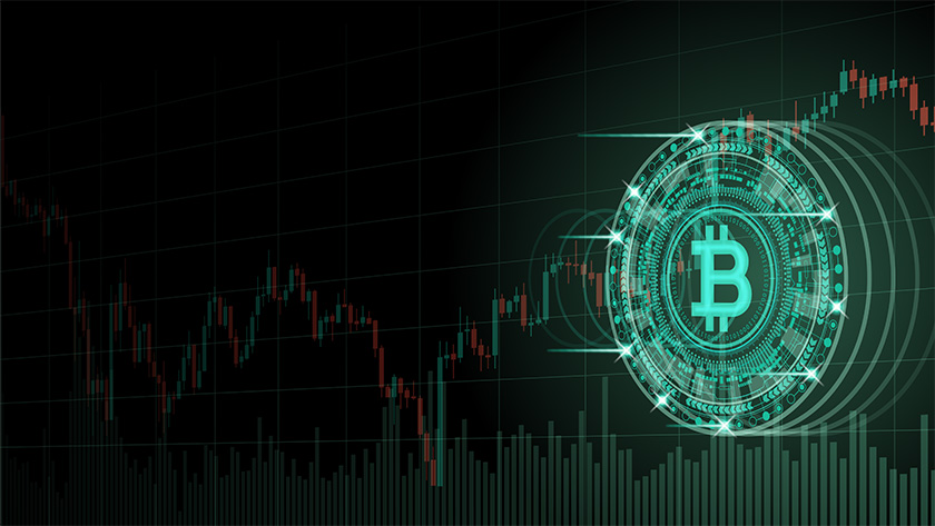 Graphic design of index graph and Bitcoin symbol