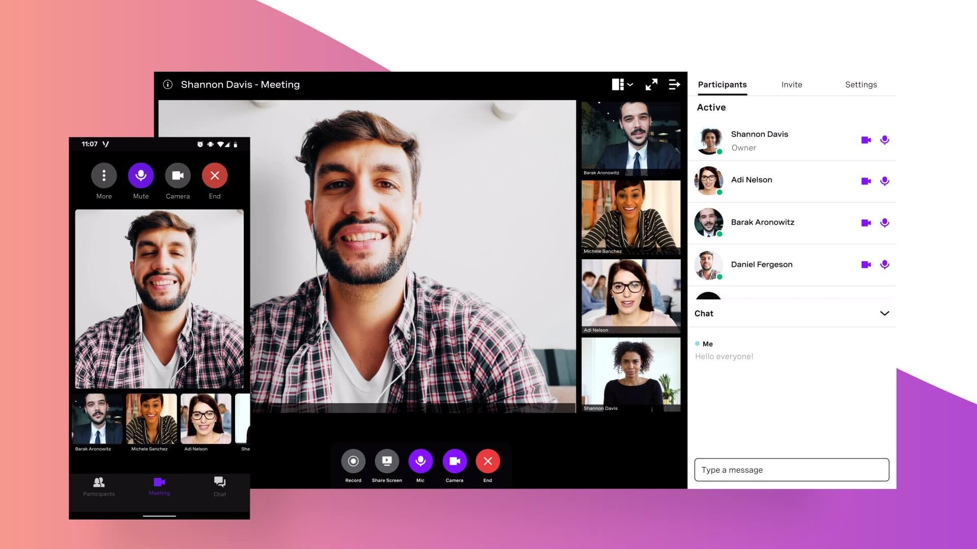 See how Vonage Business Communications can help your company communicate: watch now. Product shot of Vonage Business Meetings on mobile device and desktop application, man is speaking and other participants are on video